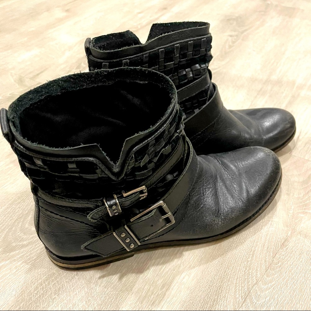 Saks black leather boot, silver buckle hardware